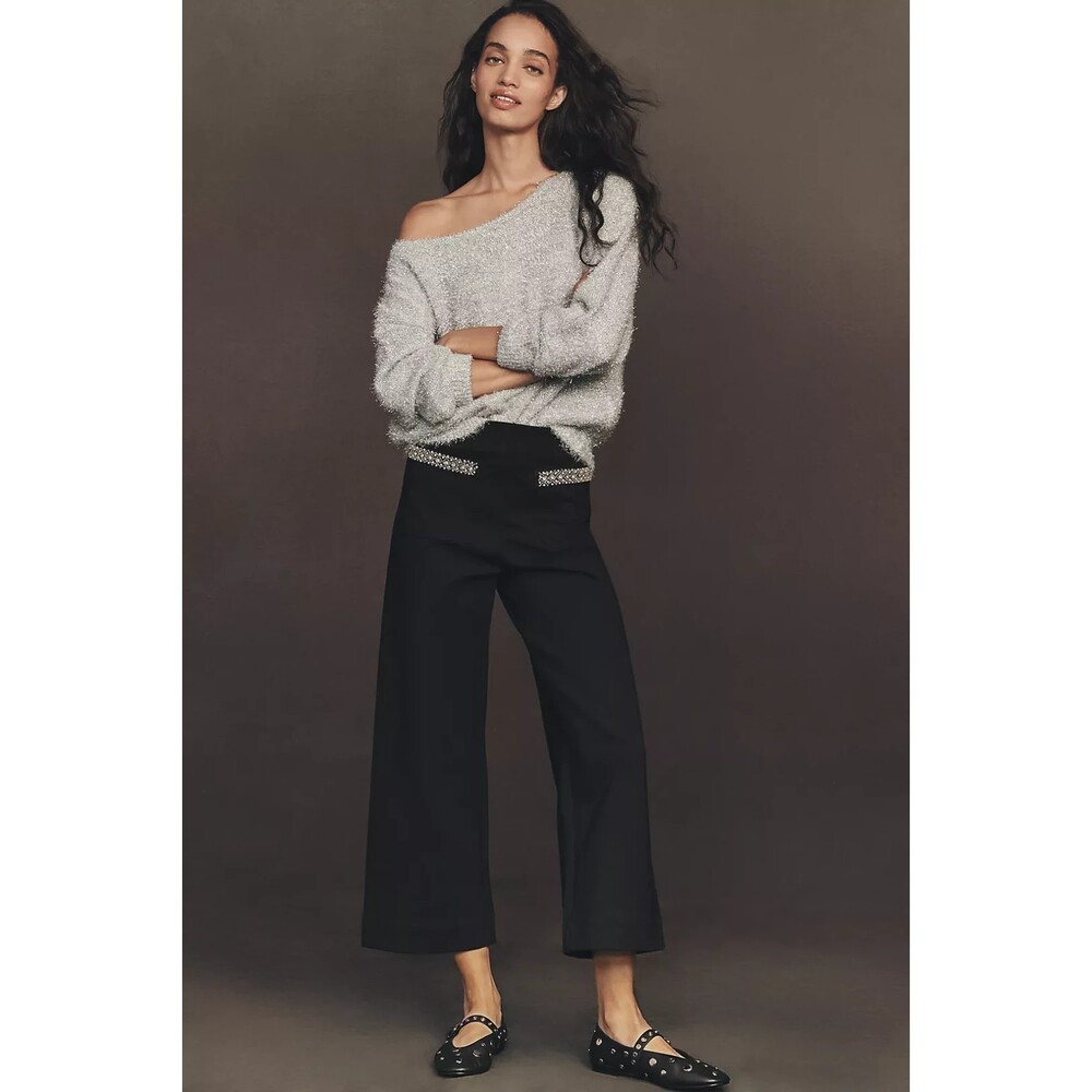NWT Anthropologie Colette Crop Rhinestone Pocket Pants 26 Black $158